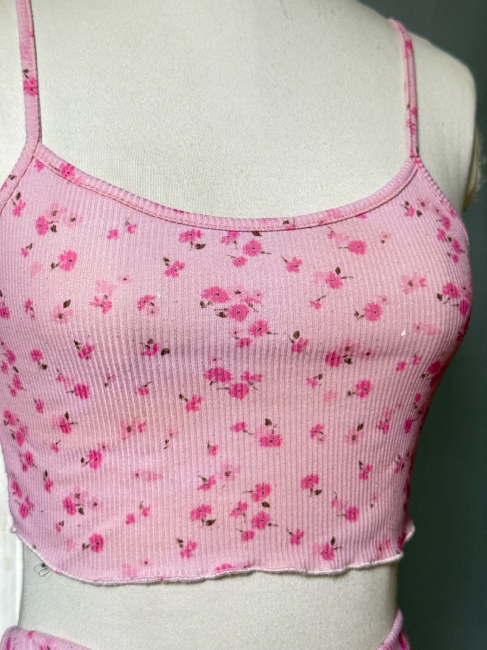 Pink Floral Ribbed Cropped Cami & Shorts Set